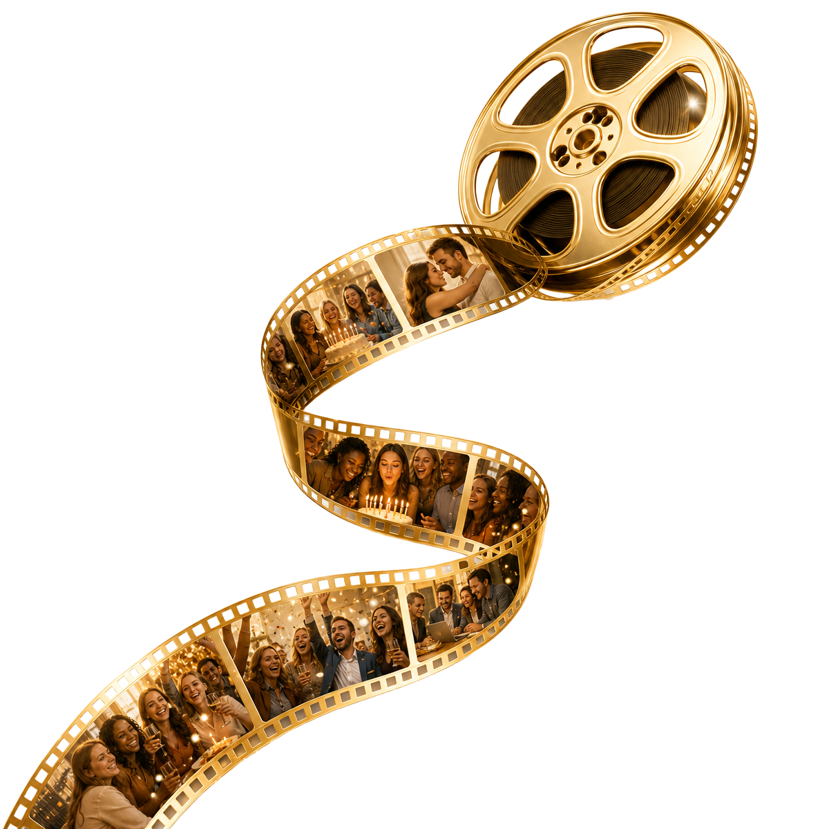 Golden film reel unspooling photos of people celebrating